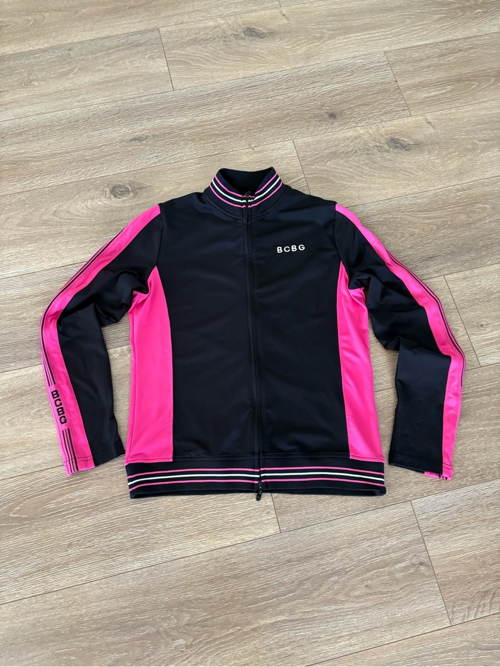 BCBG Black and Hot Pink Zip-Front Bomber Jacket - Picture 10 of 10